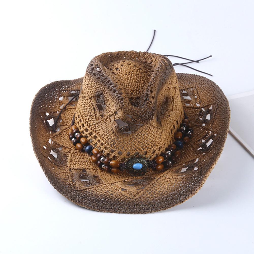 Beads Sunscreen Straw Hat Wide Brim Cowgirl Visor Cap Classic Sun Hat  Travel кофейный