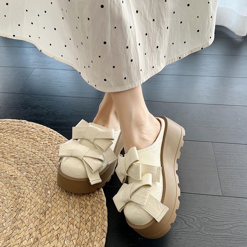 Fashion Summer Butterfly Knot Head Slippers Women Fashion Round Head Deep Mouth Waterproof Platform Non-slip Mid-heels