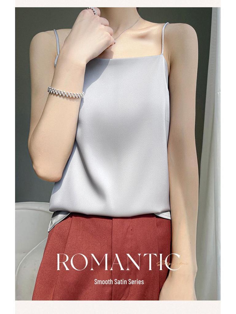 2025 Women's Plus Size White Satin Camisole: Elegant Faux Silk Back Detail