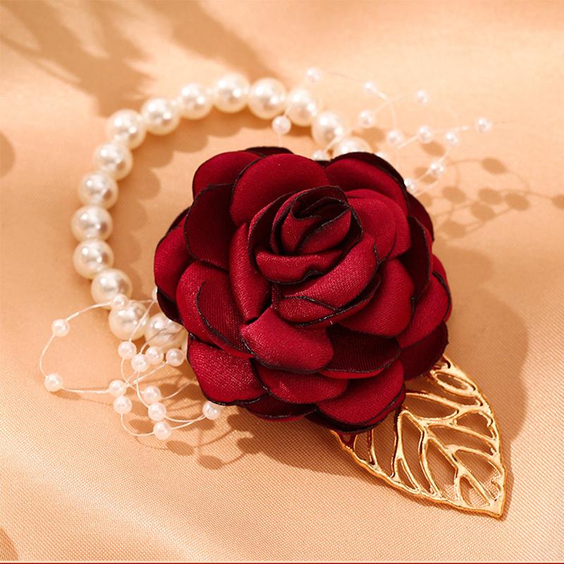 Brățară Exquisită pentru Domnișoare de Onoare cu Flori Artificiale, Panglică Dulce de Nuntă, Fundă cu Perle, Flori de Mână pentru Mireasă, Accesorii de Petrecere, Bal de Promovare, Cadouri
