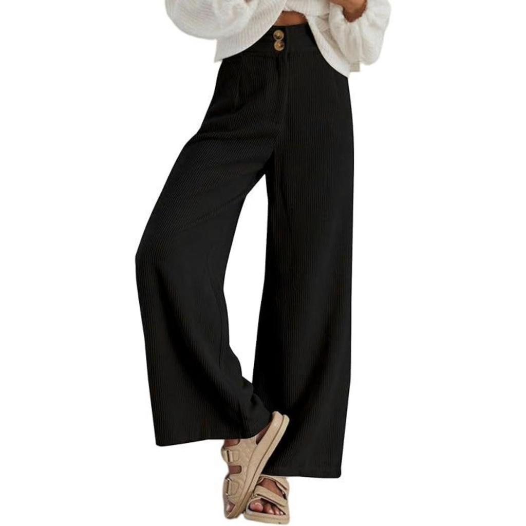 Women's High Rise Double Button Corduroy Wide Leg Pants Micro Stretch Casual Trousers