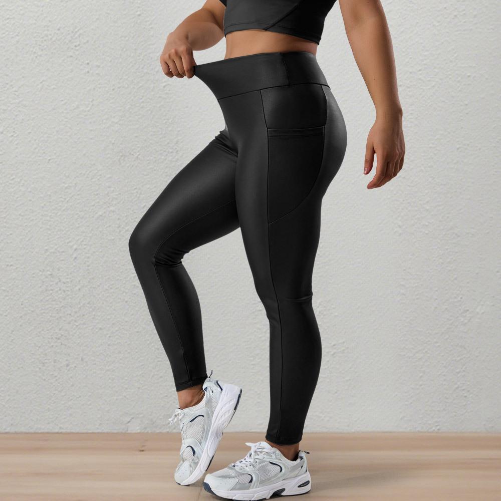 Spodnie ze skóry PU plus size w stylu kieszeniowym, casualowe legginsy z wysokim stanem do jogi i sportu