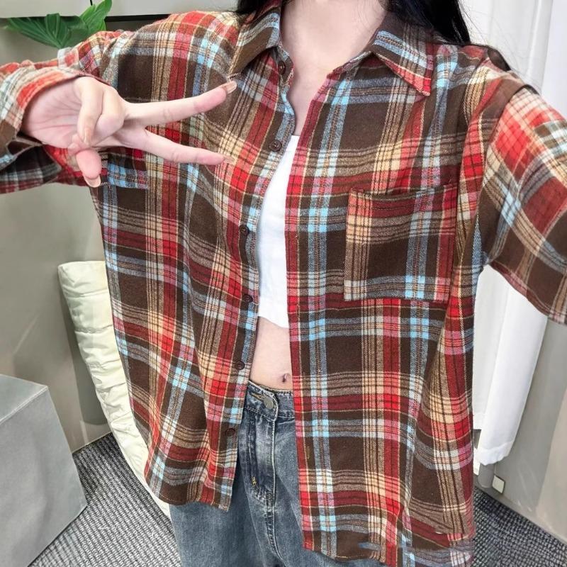 2025 Spring and Autumn New Shirt for Women Korean Version Retro Hong Kong Style POLO Collar Student Plaid Loose Jacket Shirt for Women