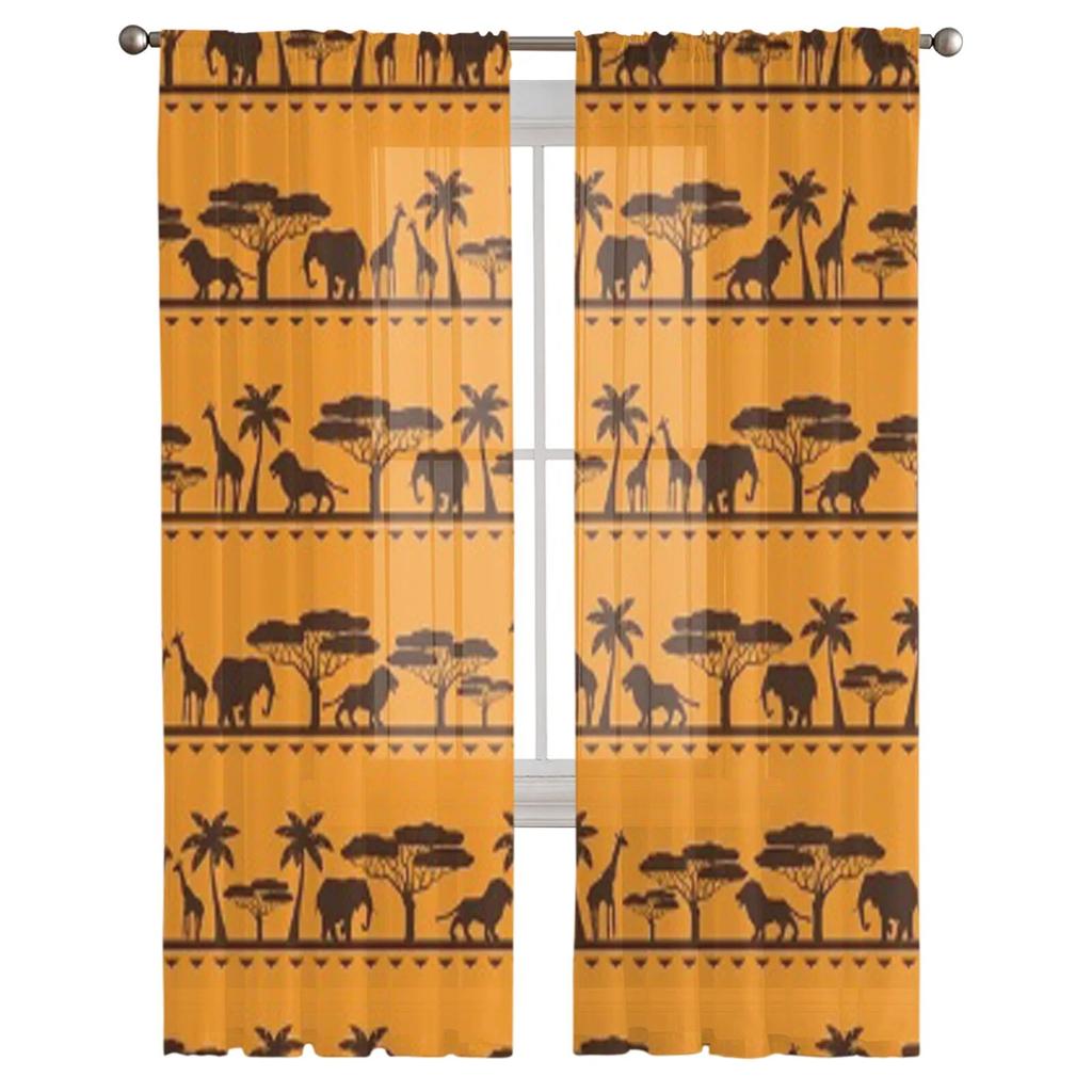 African Ethnic Lion Elephant Giraffe Tree Tulle Sheer Curtains for Living Room Bedroom Kitchen Decoration Voile Organza Curtains