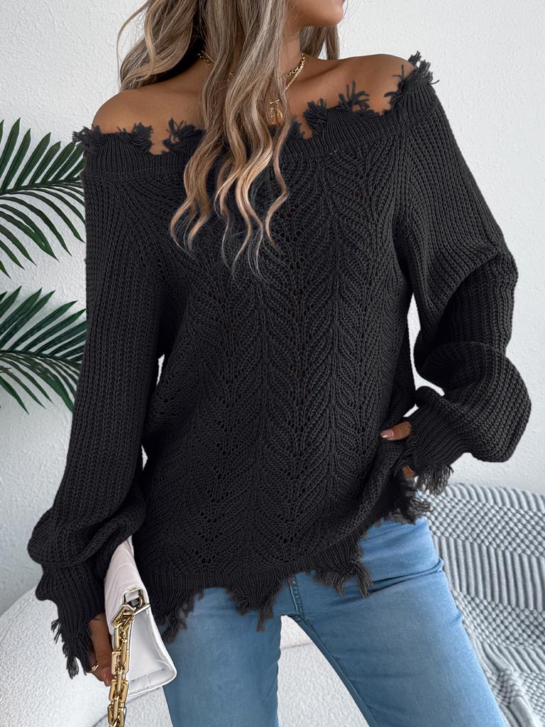 Autumn Winter Solid Color Hollow Long Sleeve Cutout Ruched Open Shoulder Cardigan Sweater Women's Clothing
