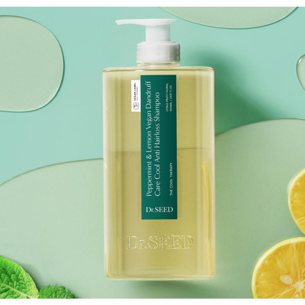 Dr. Seed Menthe Poivrée & Citron Soin Antipelliculaire Végétalien Shampooing Frais Anti-Chute de Cheveux, 1L, 2 unités.