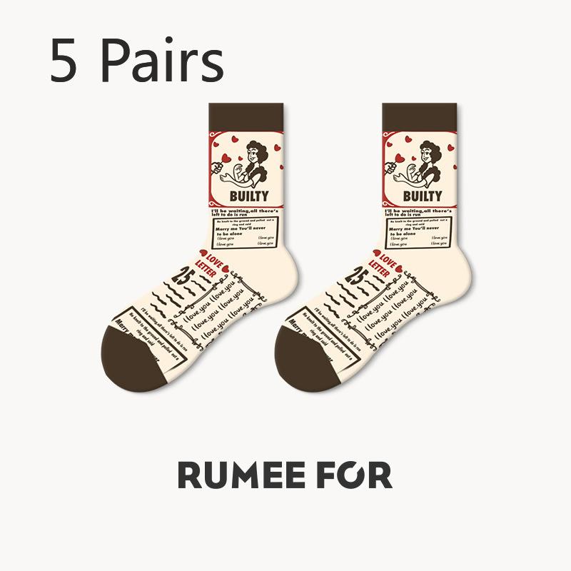 5 Pairs of Women's Spring and Autumn Retro Fashion Non Slip Tube Socks