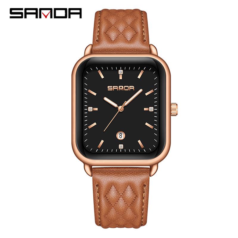 Sanda Quartz Retro Square Watch: Simple Bar Index, Calendar, Waterproof, Business Casual, Unisex Strap