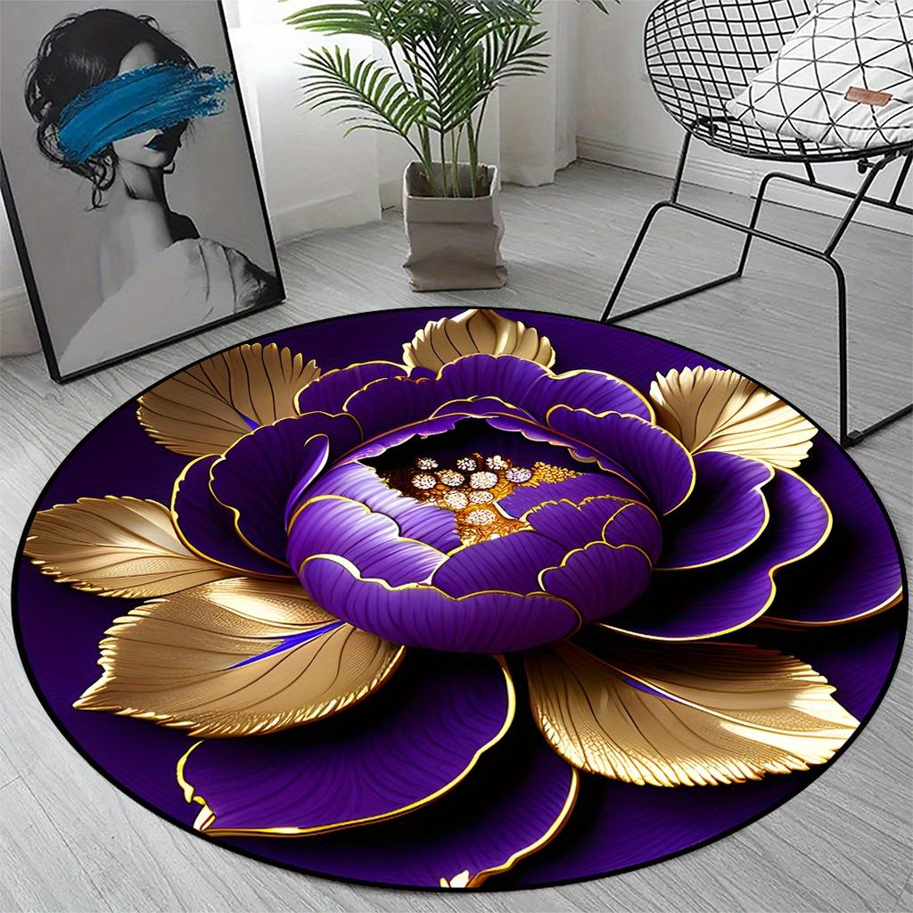 Purple Gold Peony Round Rug - Washable Polyester Large Mat for Living Room, Hallway, Bedroom, Patio & Office Decor