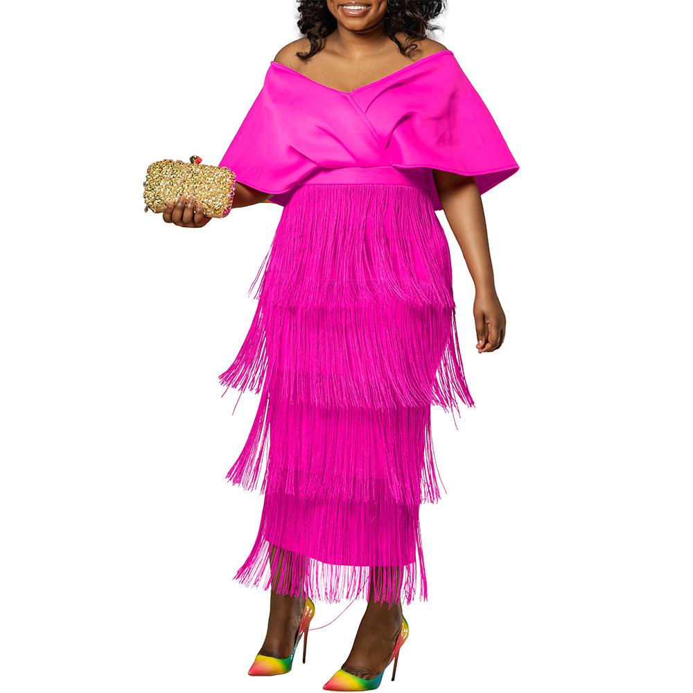 Women's V-Neck Off-the-Shoulder Tassel Evening Dress - European & American Summer Fashion