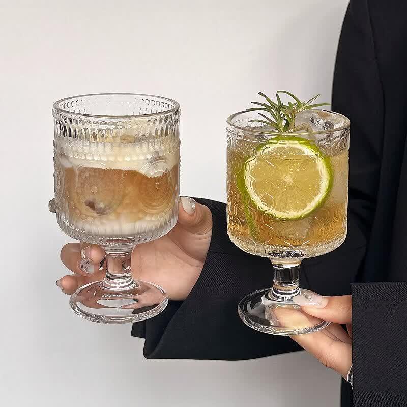 Retro Sunflower Embossed High-Leg Glass Cup