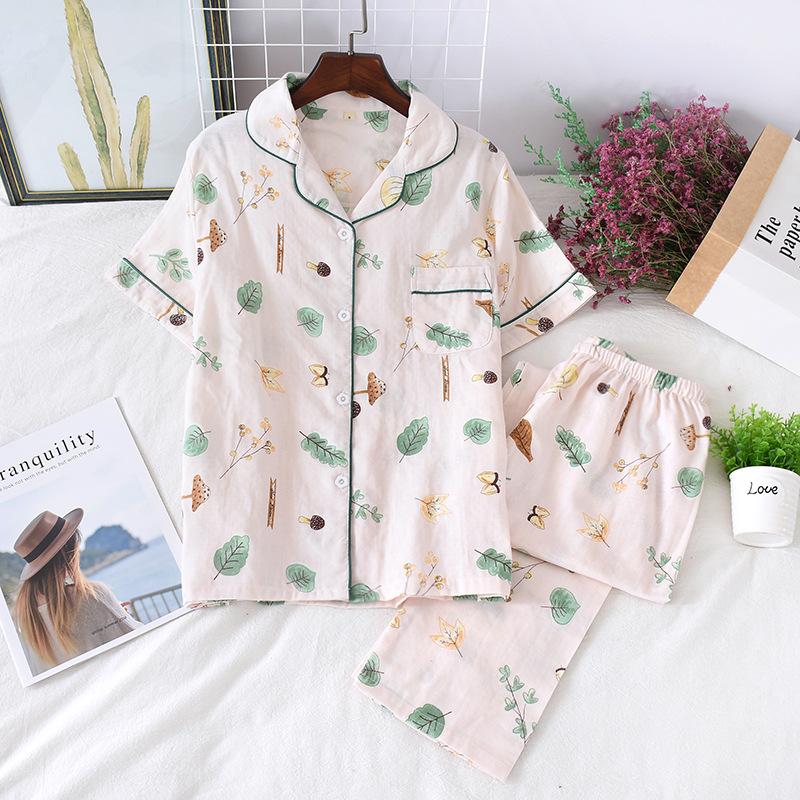 New Spring and Summer Short-sleeved Trousers Pajamas 2-piece Set 100% Cotton Gauze Flower Cartoon Home Wear Set