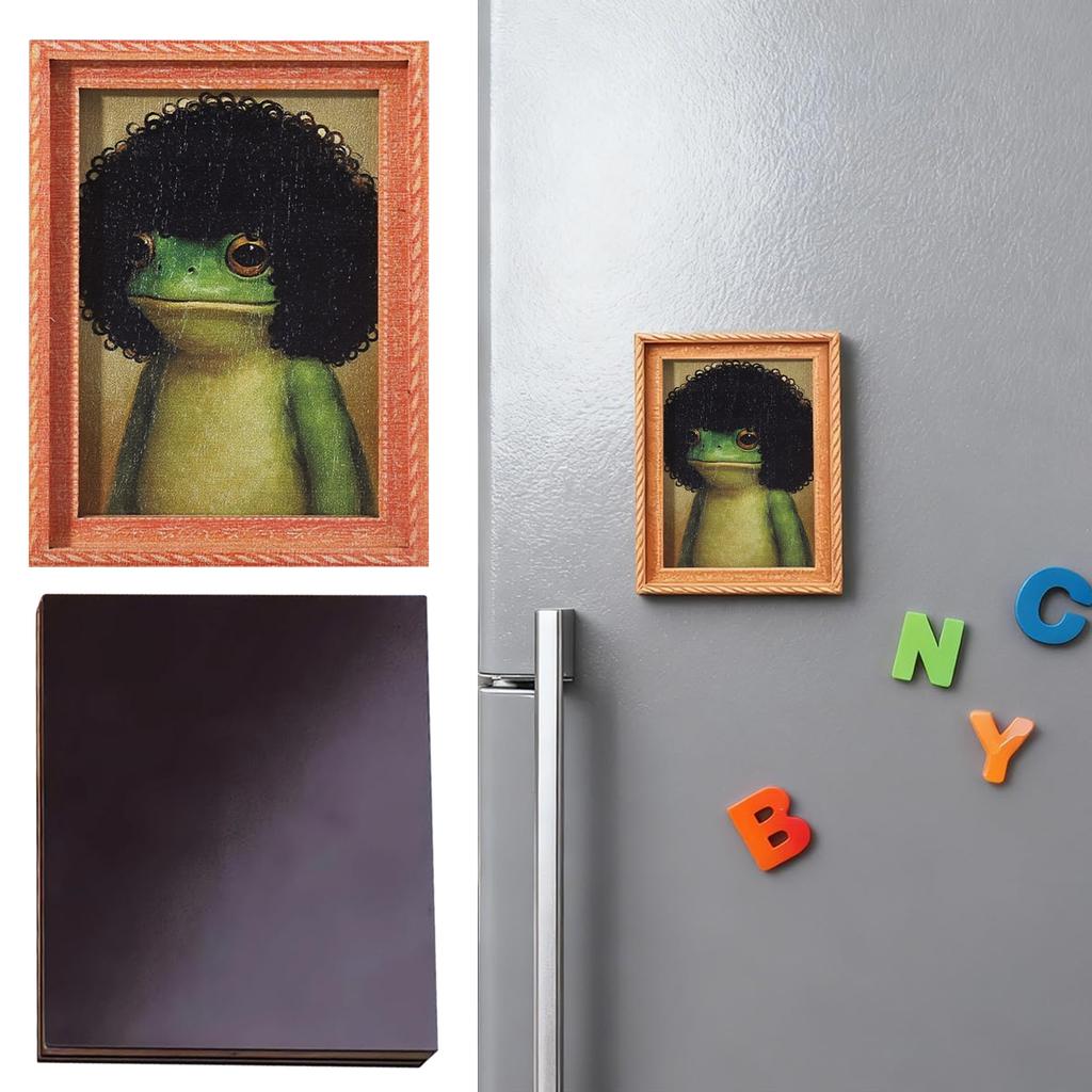 Animals Refrigerator Magnet with Wooden Frames Design Cute Vintage-Style Frog Art Magnet for Home Kitchen Office Decor