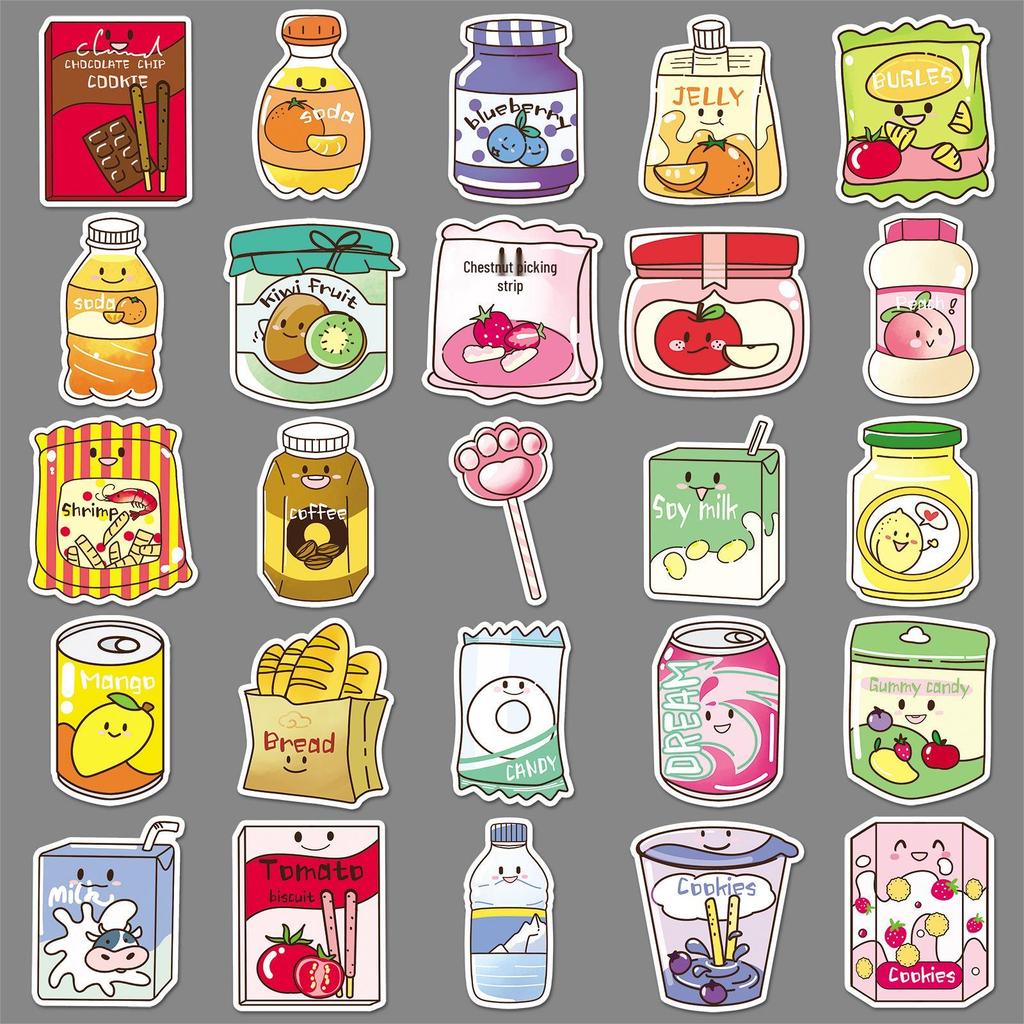 50 Cute Hand-drawn Snack Stickers for Water Bottles & Phone Cases