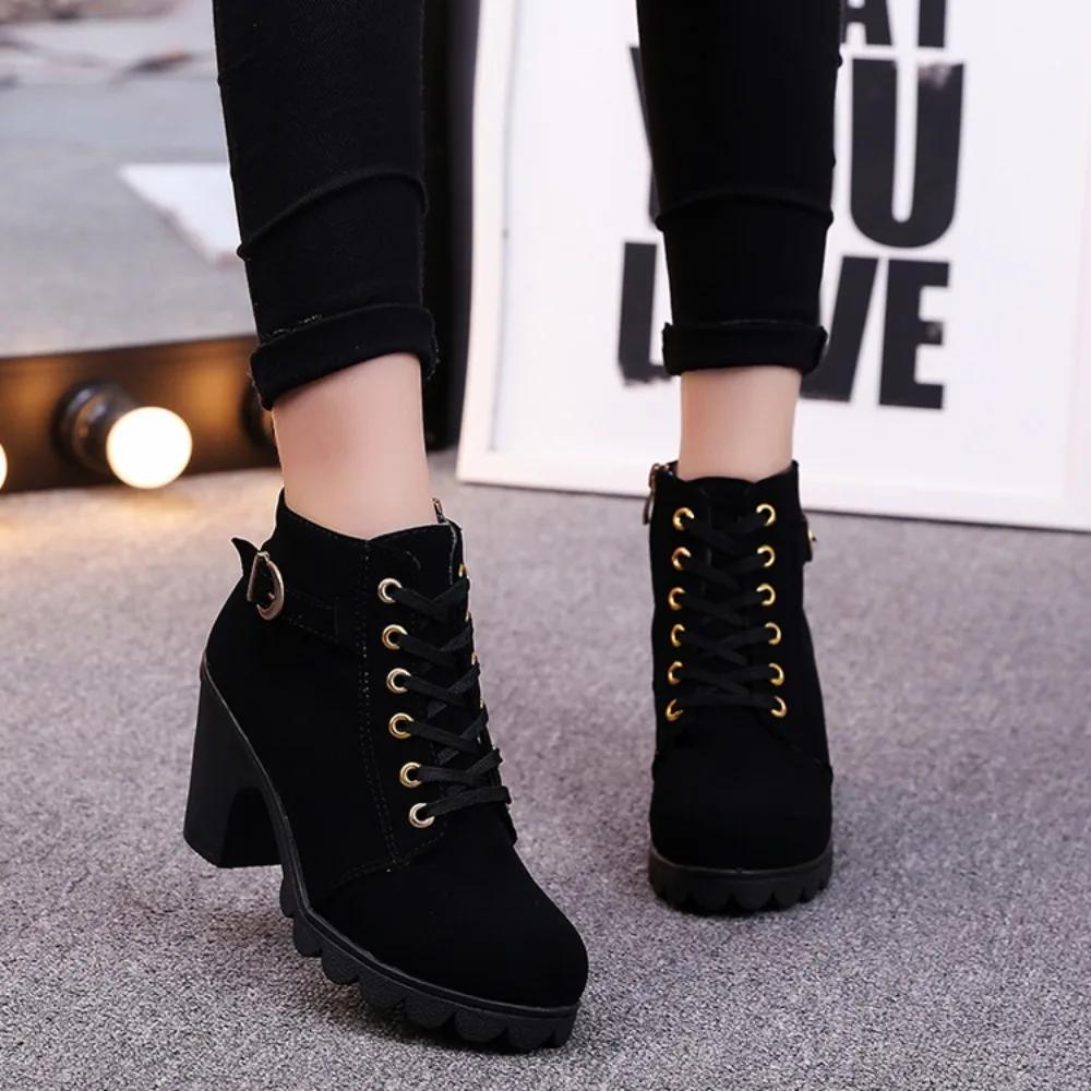 Women Pumps Boots High Quality Lace-up European New Spring Winter Ladies Shoes PU High Heels Boots Fast Delivery Platform Boots