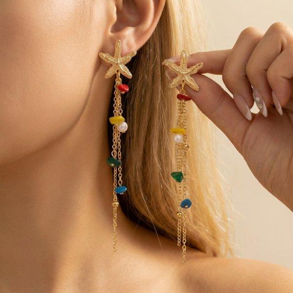 Bohemian Beach Starfish Shell Drop Earrings for Women Summer Pearl Long Tassel Dangle Earring Girls Mermaidcore Vacation Jewelry