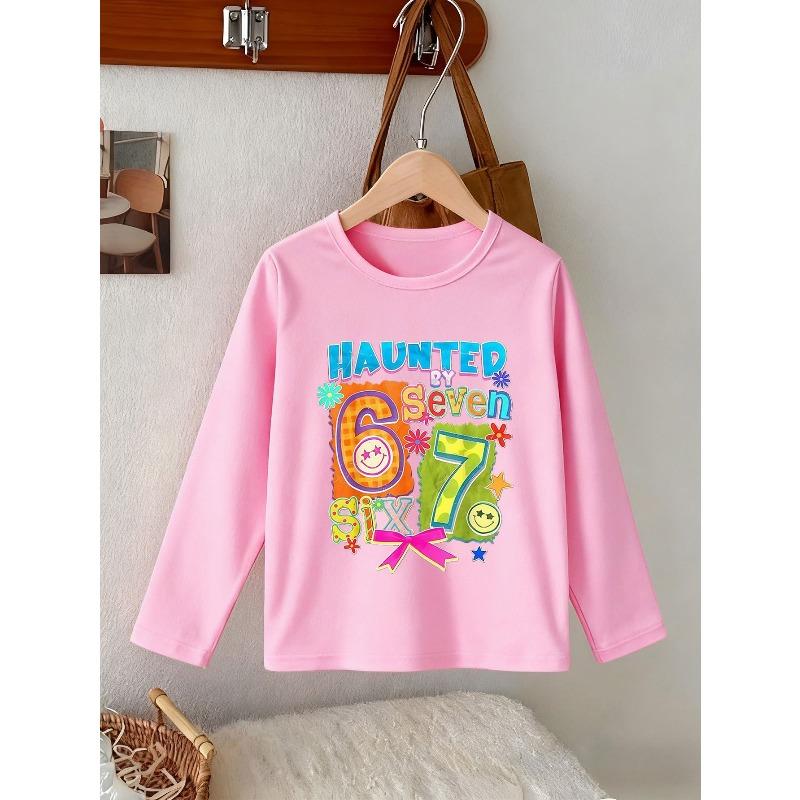 Unisex Kids White Long Sleeve Tee For 4-12 Boys Girls Colorful Retro HAUNTED BY SIX SEVEN Number 67 Smiley Flower Bow Star Collage Print Long Sleeve