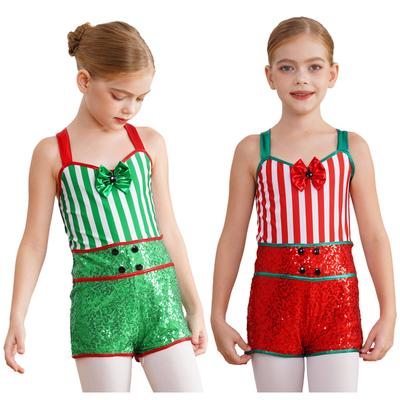 Girls Candy Cane Costume Sleeveless Striped Sequins Bowknot Unitard Christmas Dance Performance Outfit