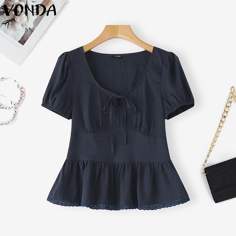 

VONDA Summer Women Lace-up V Neck Puff Sleeve Ruffled Casual Blouse