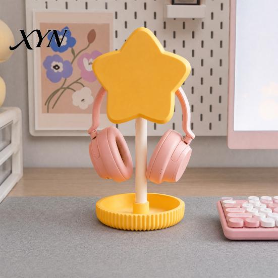 Girly Desktop Accessory Organizer Cute Star Headphone Stand with Storage Tray, 3D Printed PLA Headset Hanger & Desk Macaron Color Organizer,