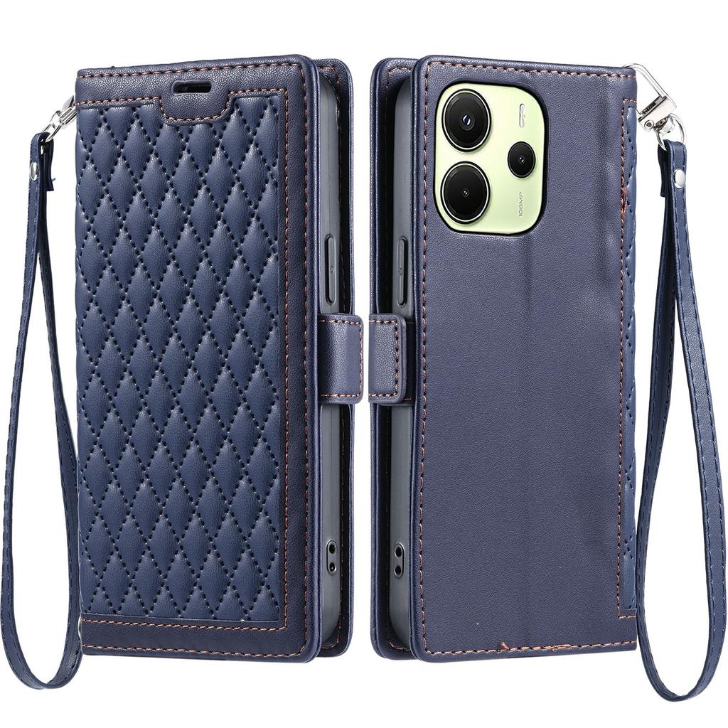 For Xiaomi Redmi Note 14 4G (163.25mm) Leather Case Rhombus Texture Wallet Stand Phone Cover with Wrist Strap