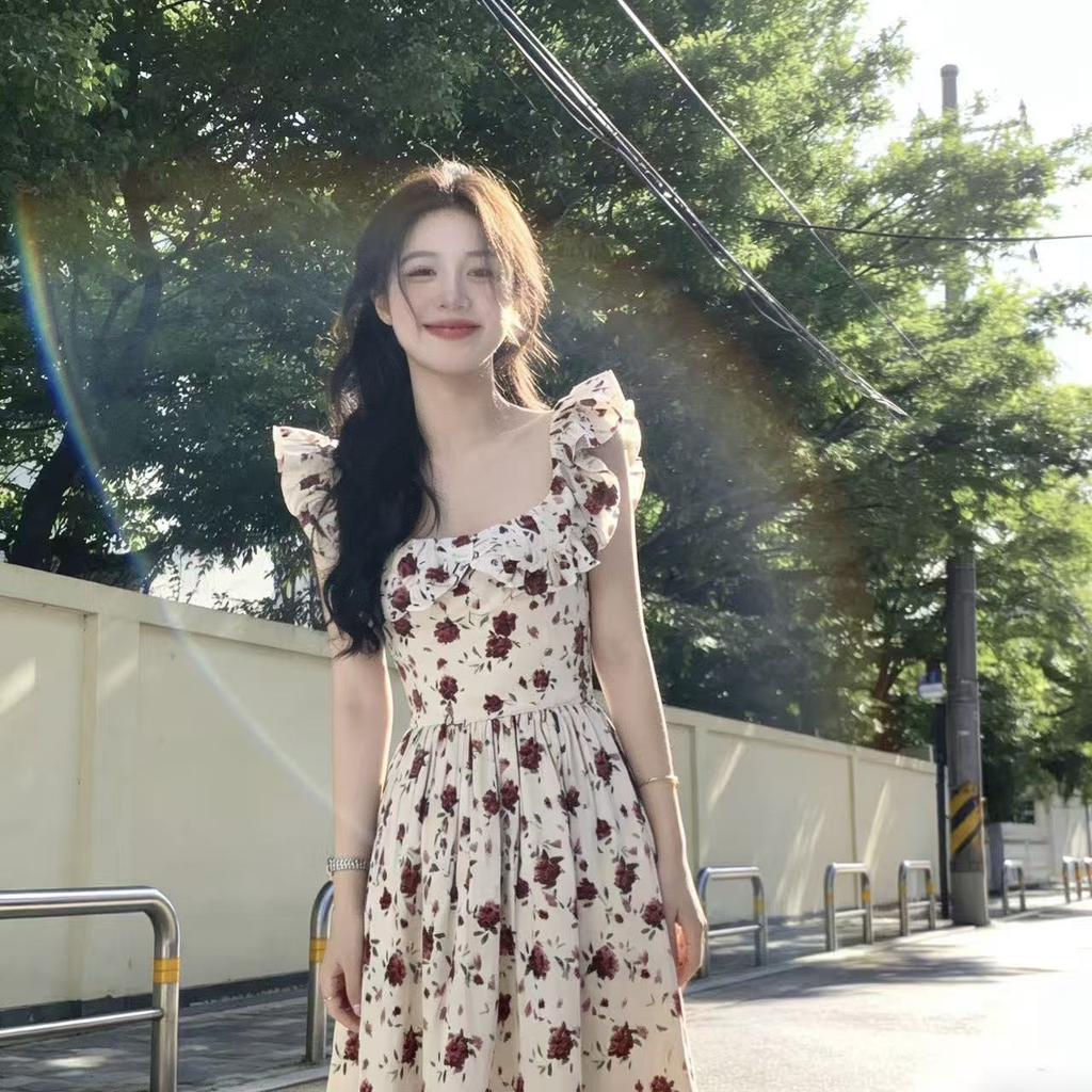 Coffee Break French Temperament Flying Sleeve Dress Floral Summer New Small Square Neck Dress Women
