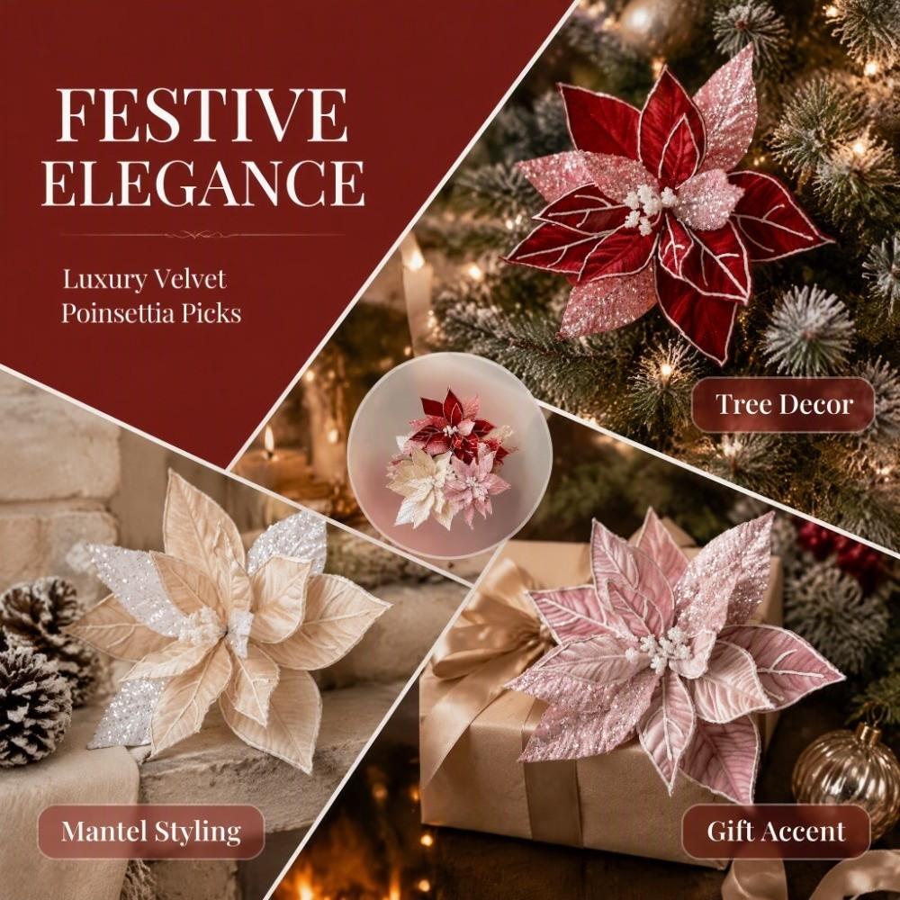 Glitter Powder Artificial Poinsettia Pick Colorful Christmas Decor Flower Christmas Tree