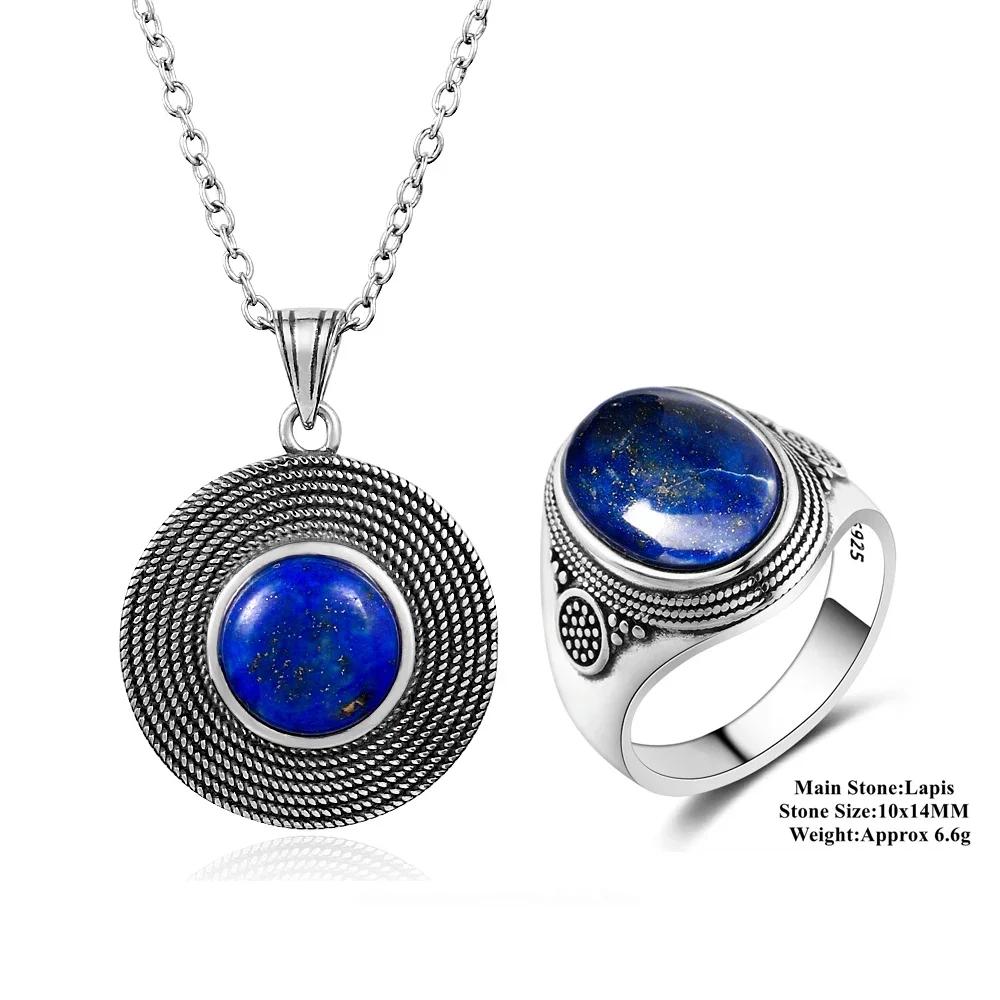 Silver S925 Ring Natural Big Oval Lapis Rings for Men Women Retro Luxury Fine Jewelry Party Anniversary Gift