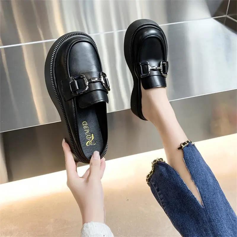thick-soled bag head half slippers women's summer wear 2025 new small leather shoes one pedal retro British loafers