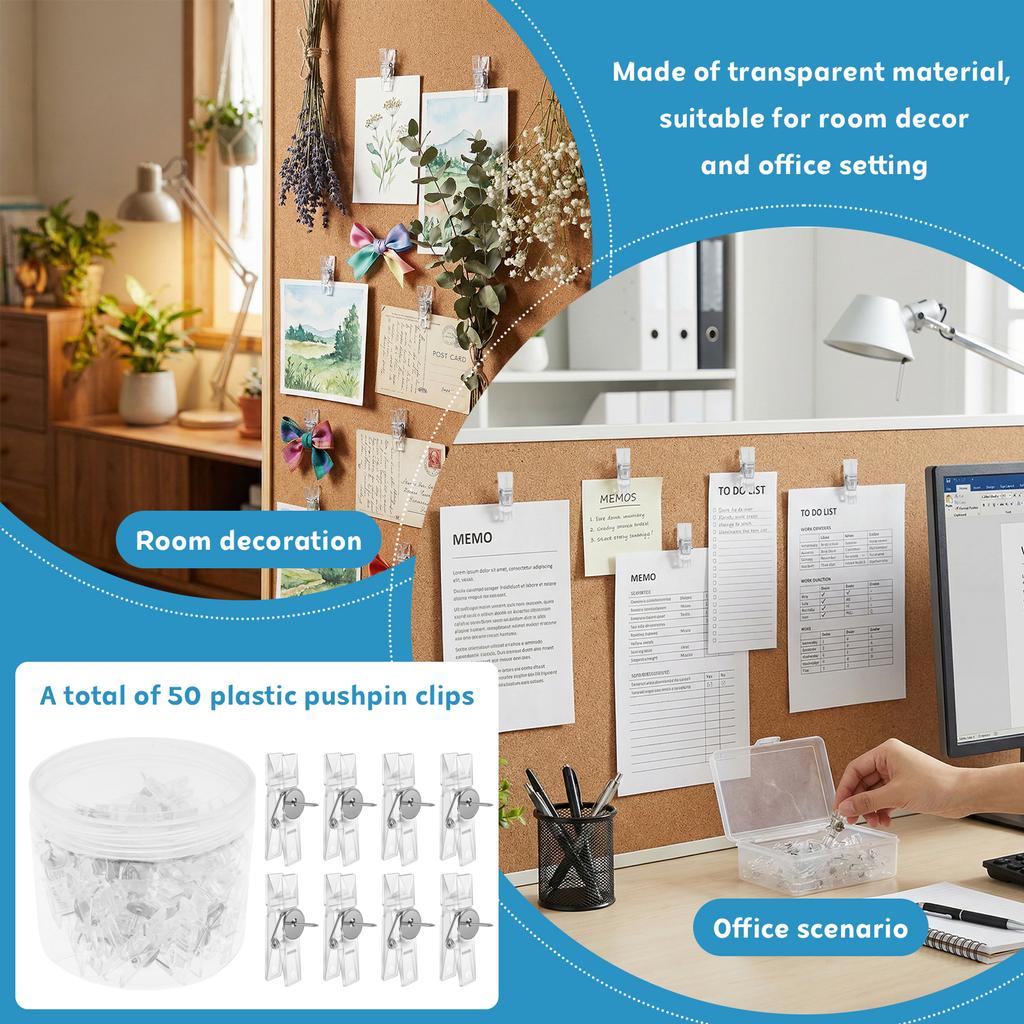 50Pcs Push Pin Clips Transparent Thumbtack for Bulletin Board Cork Board Photo Wall Decoration Display Office Supplies