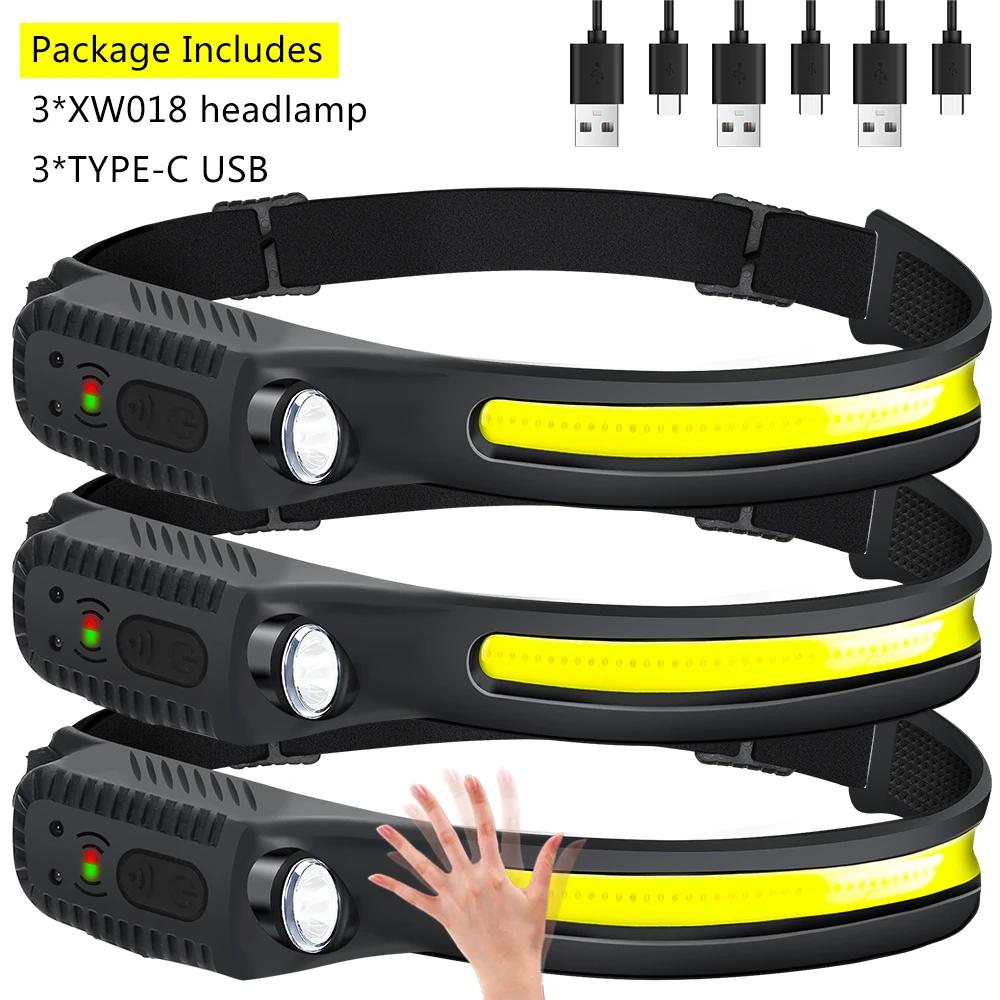 Induction Headlamp COB LED Sensor Head Lamp Built-in Battery Flashlight USB Rechargeable Head Torch 5 Lighting Modes Headlight