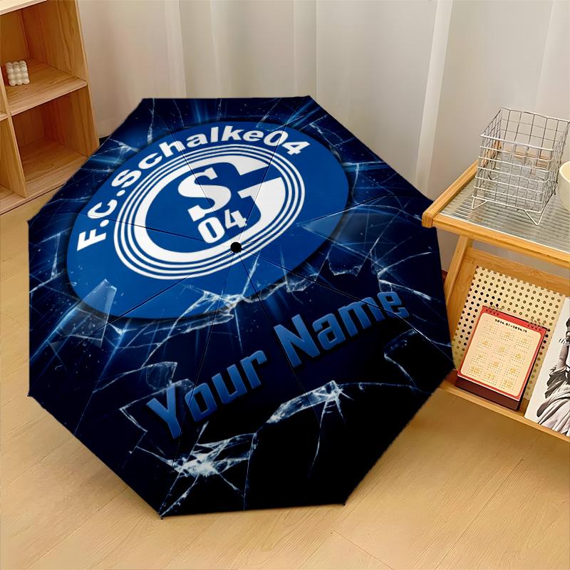 Schalke 04 FC Automatyczny 3-składany Parasol 8-żebrowy Wiatroodporny Składany Parasol Ochrona przed Słońcem i Deszczem na Podróże Zewnętrzne Codzienne Użytkowanie