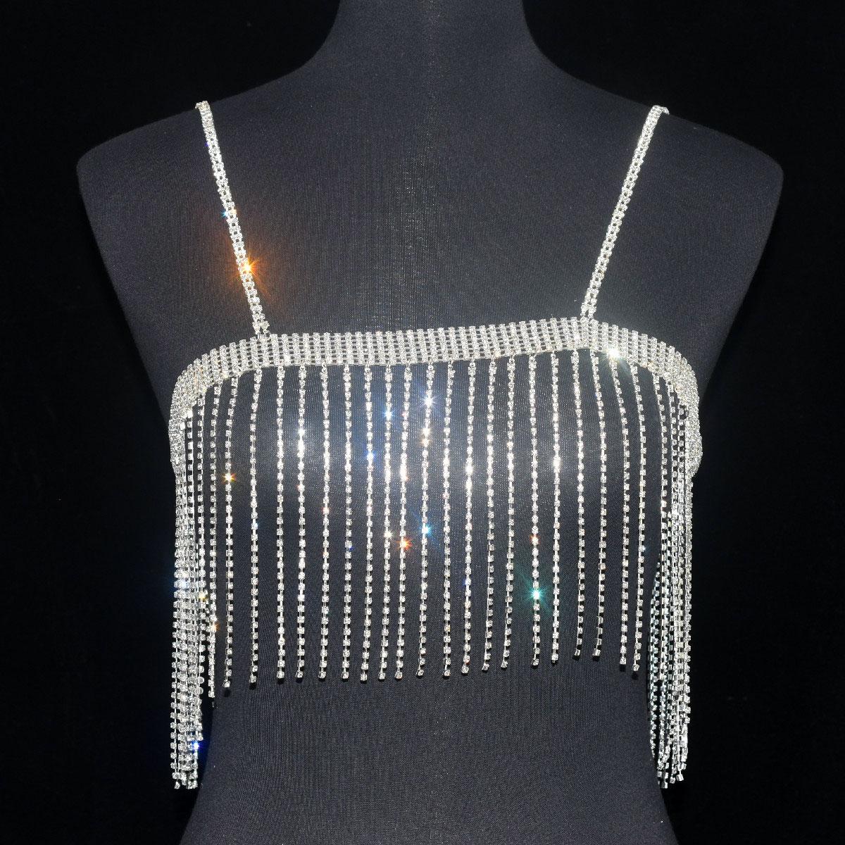 

Сексуальна розкішна білизна з китицями Блискучий ланцюжок для тіла для жінок зі стразами Кришталевий бюстгальтер День народження Одяг Аксесуари Фестиваль