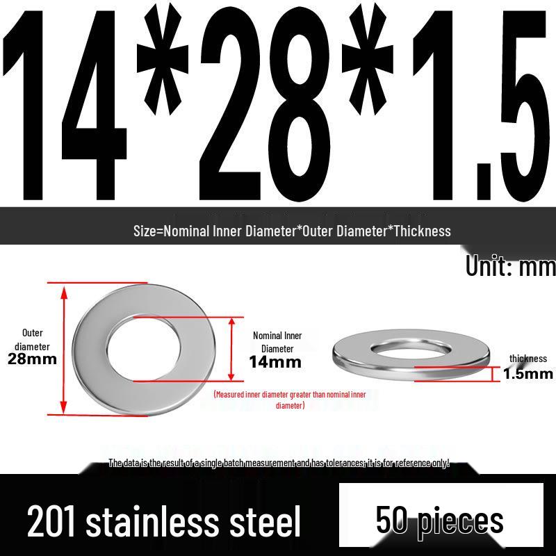 201 Stainless Steel Flat Washer Shim, GB97, Sizes M3 to M30