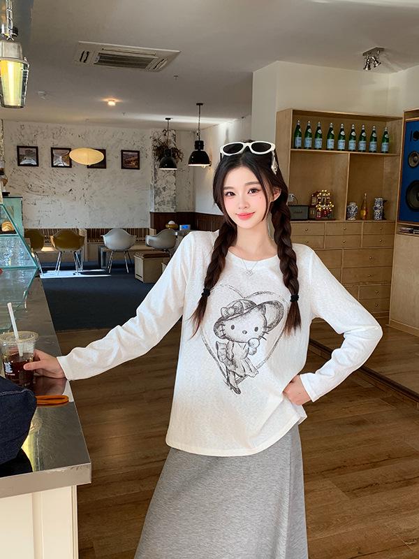 Spring 2026 Plus Size Women's Printed Long Sleeve Round Neck T-shirt