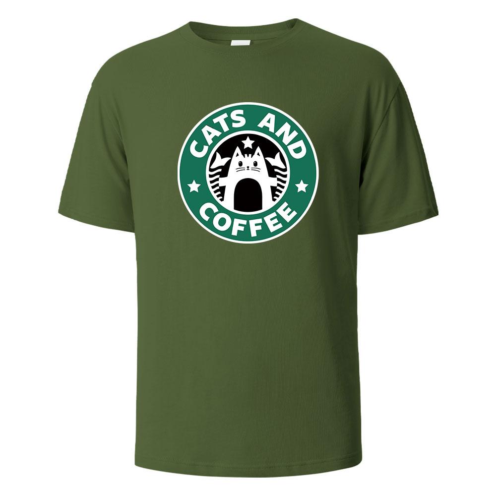 Cats And Coffee Street Funny TShirt For Men Fashion Casual Loose Cotton Clothing Crewneck Breathable Tshirt Hip Hop Tees