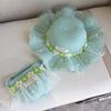 Girls Summer Straw Hat With Pearl Mesh And Bowknot Wide Brim Sun Hat For Kids Beach Princess Shade Cap