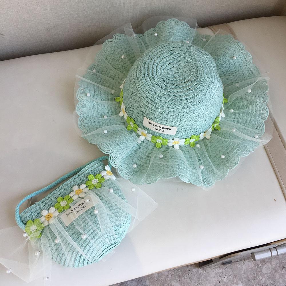 Girls Summer Straw Hat With Pearl Mesh And Bowknot Wide Brim Sun Hat For Kids Beach Princess Shade Cap