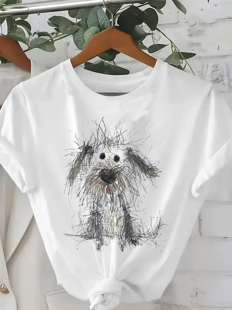T Shirt 2025 Manga New In Creative Doodle Puppy Graphic Print Round Neck Summer T-shirt Girls Female