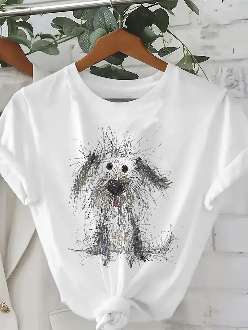 

T Shirt 2025 Manga New in Creative Doodle Puppy Graphic Print Round Neck Summer T-shirt Girls Female 4XL