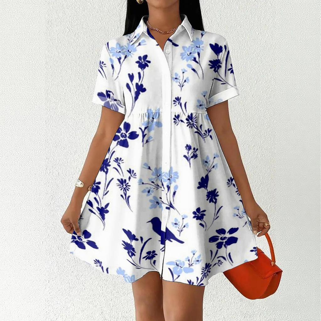 Women Casual Loose Shirt Dress Button Up Stand Collar Short Sleeve Printed Mini Dress Lightweight Tunic Dress