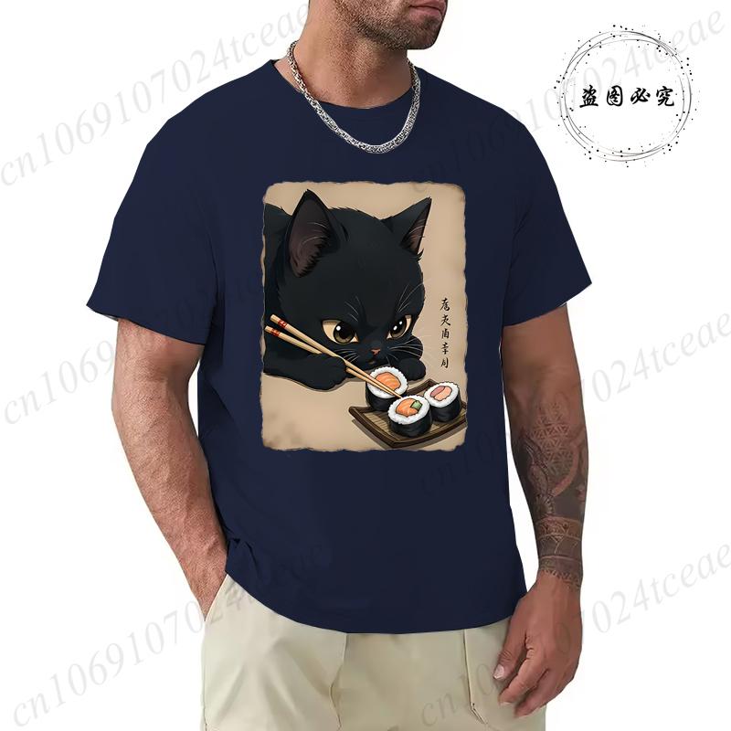 T Shirt for Men Black Cat Sushi Printed Men Fashion Style Design Clothing Anime Cat Cartoon Men TShirt Casual Tees Short Sleeve