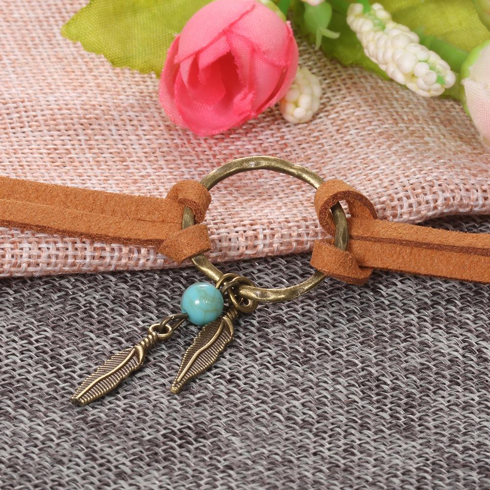 Metal Feather Pendant Necklace Vintage Bohemian Style Circular Ring Green Stone Brown Leather Collar Women Popular Jewelry Gift