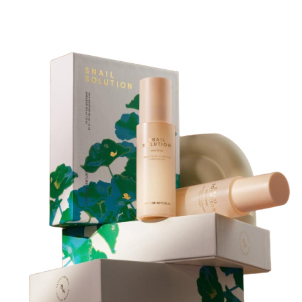 NATURE REPUBLIC Snail Solution Skin Care 2pcs Set Snail Mucin Regenerating & Hydrating Skin Care Kit (Skin 130ml + Emulsion 120ml)