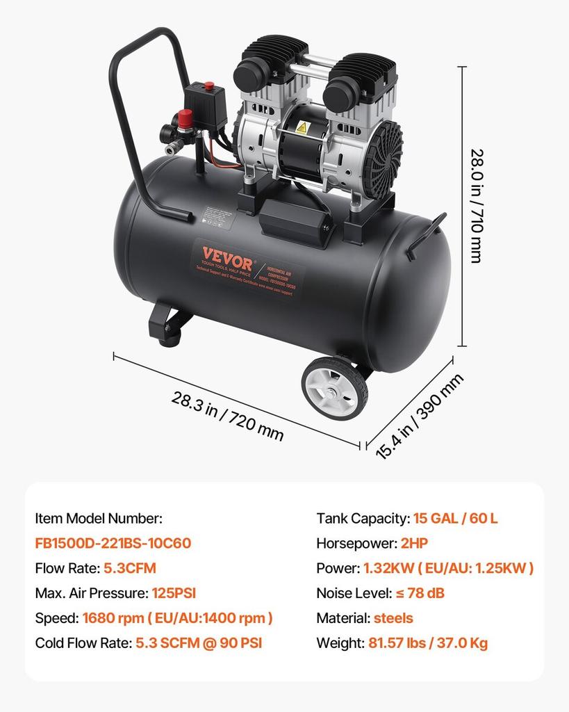 Air Compressor Compact Portable Oil Free Compressor 15 Gallon 90 PSI