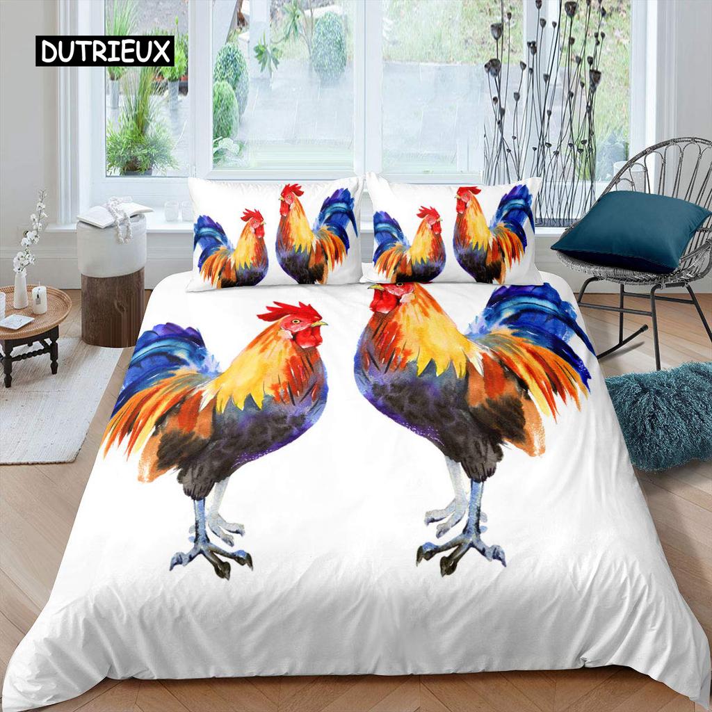 Hühner Bettbezug King Queen Größe Aquarell Hahn Bettwäsche Set für Kinder Jugendliche Erwachsene Bauernhoftier Polyester Bettdeckenbezug