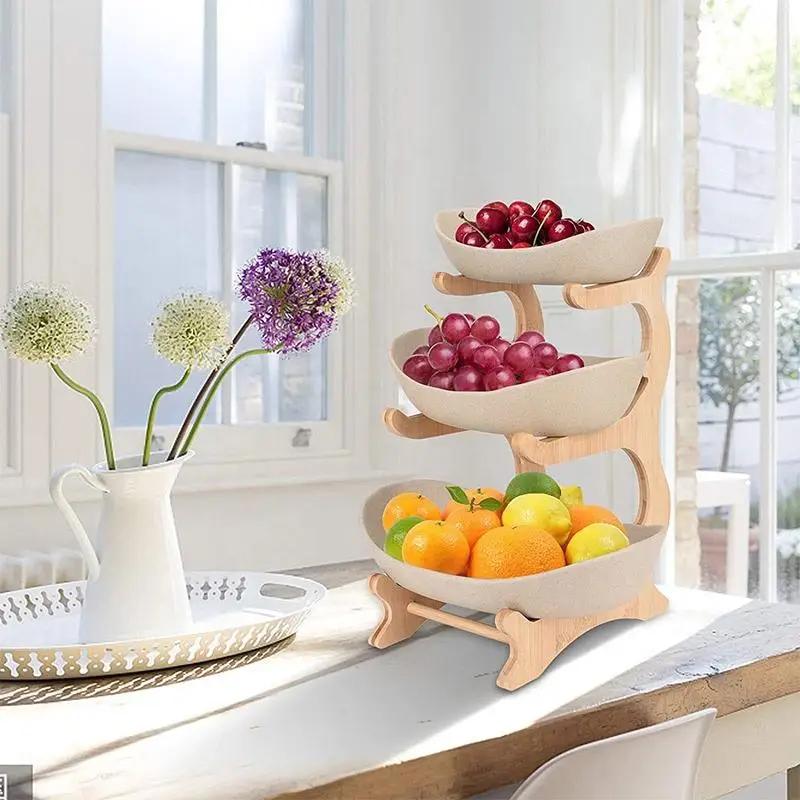 3-stöckiges Obst-Serviertablett, Trockenobstschale mit Böden, Süßigkeiten-/Kuchentablett, Snackschale, Lebensmittel-Präsentationsständer aus Holz für das Wohnzimmer zu Hause