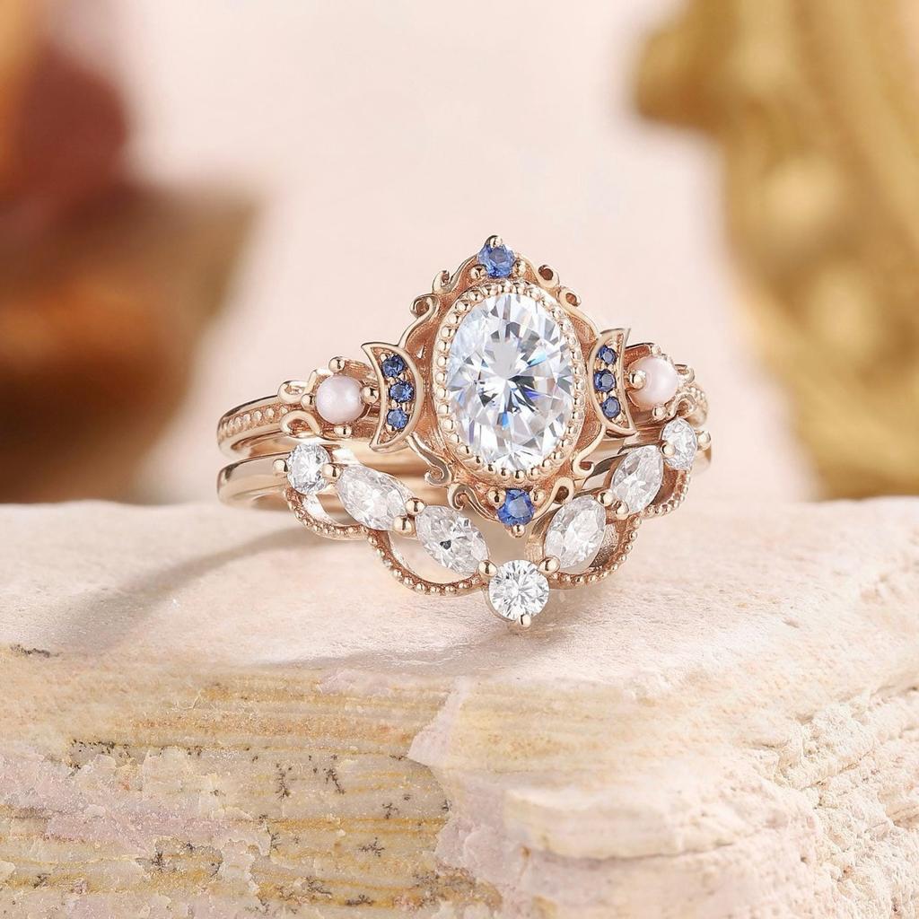 2Pcs/Set Fashion Rose Gold Color Rhinestone Zircon Rings For Women Full Crystal Rings Star Moon Wedding Engagement Jewelry Gifts