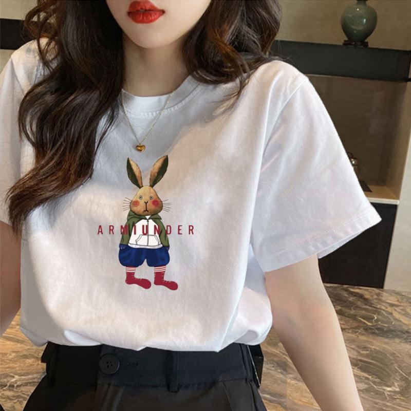 

Хлопковая футболка с коротким рукавом женская лето 2025 новая свободная тонкая футболка с принтом мультяшного кролика на переднем плече S