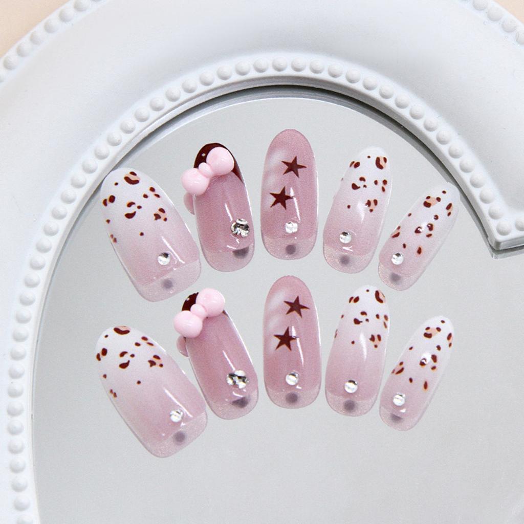 30Pcs Press On Nails French Red Brown Leopard Print Rhinestone Bow False Nails Press On Nails Full Cover Artificial False Nails